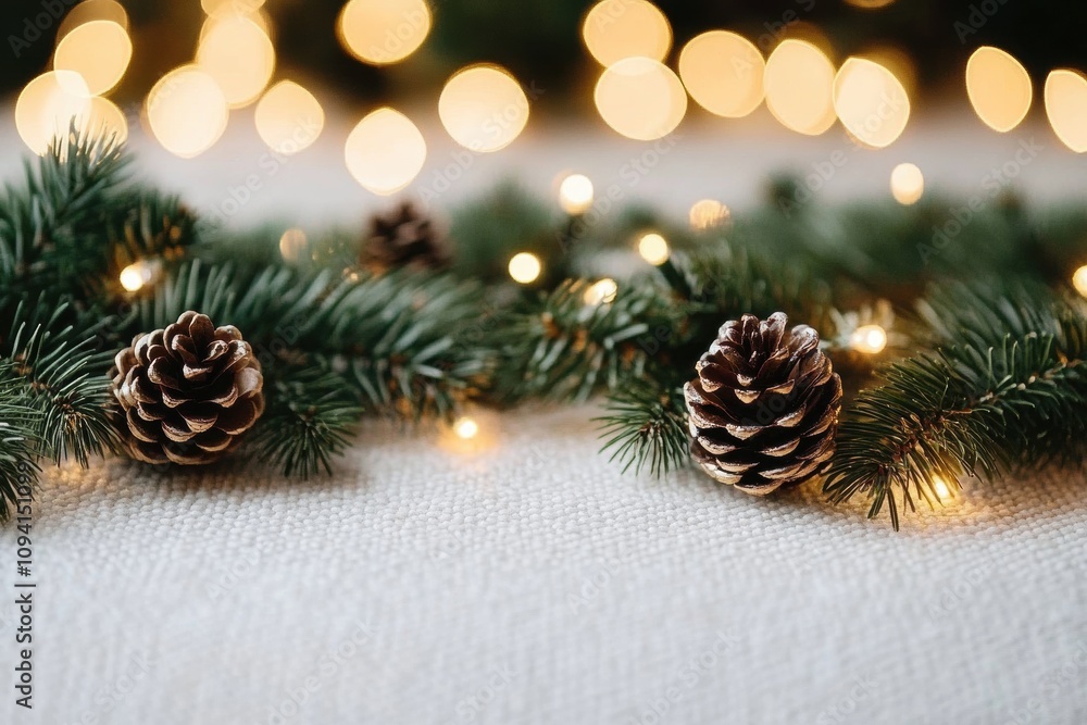 Festive Christmas Decoration with Pine Branches and Fairy Lights in Dreamy Bokeh Background Festive Christmas Decoration with Pine Branches and Fairy Lights in Dreamy Bokeh Background