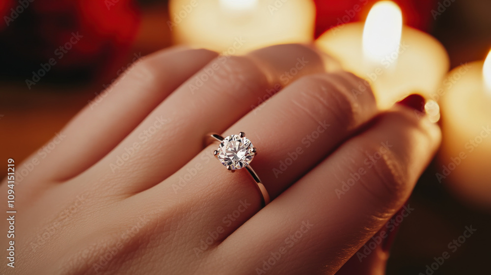 Engagement proposal with diamond ring held by hand, surrounded by candles, creating romantic atmosphere. ring sparkles beautifully, symbolizing love Engagement proposal with diamond ring held by hand, surrounded by candles, creating romantic atmosphere. ring sparkles beautifully, symbolizing love