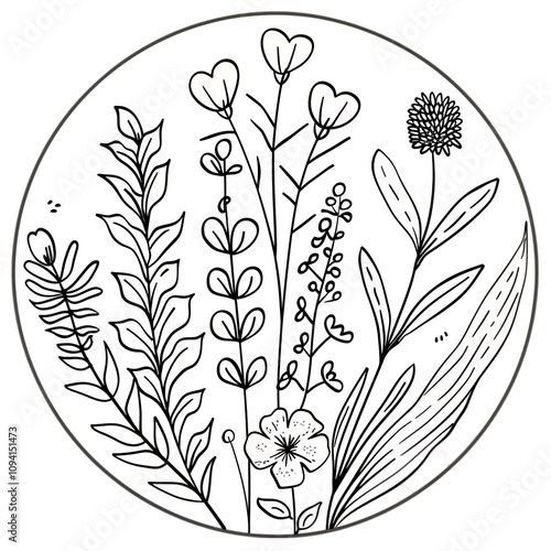 Floral Wreath Coloring Pages Beautiful black and white isolated on white and transparent background. PNG cutout.

