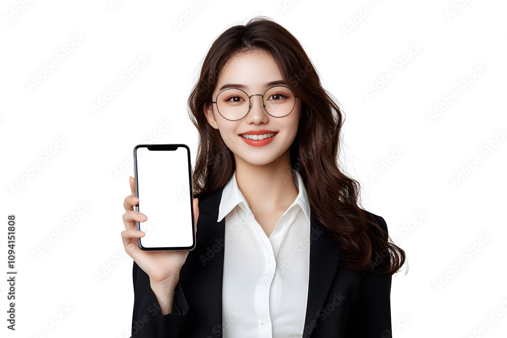 Smiling young Asian businesswoman wearing glasses and formal attire, holding a smartphone with a blank screen, ideal for showcasing mobile app mockups, job search applications, digital marketing conce Smiling young Asian businesswoman wearing glasses and formal attire, holding a smartphone with a blank screen, ideal for showcasing mobile app mockups, job search applications, digital marketing conce