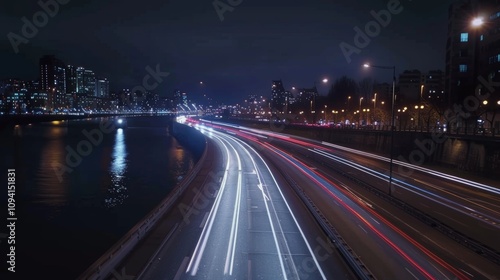 Wallpaper Mural A sense of anticipation as car light trails mark the path along the riverside road leading to the brightly lit city ahead. Torontodigital.ca