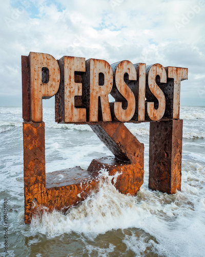 Weathered “PERSIST” typography with dramatic ocean backdrop, representing persistence and strength in bold industrial design.