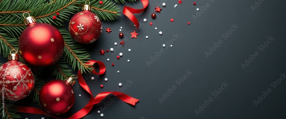 Elegant flat lay of Christmas ornaments with red ribbons and gold accents on a dark background leaving space for personalized holiday messages. Elegant flat lay of Christmas ornaments with red ribbons and gold accents on a dark background leaving space for personalized holiday messages.