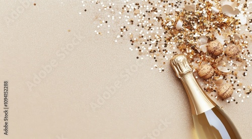 Elegant celebration background with gold confetti champagne bottle glitter and festive party decorations