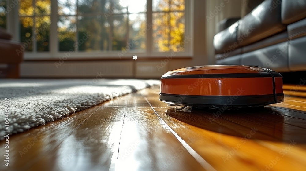 Fototapeta premium Robot Vacuum Cleaner Cleaning Hardwood Floor