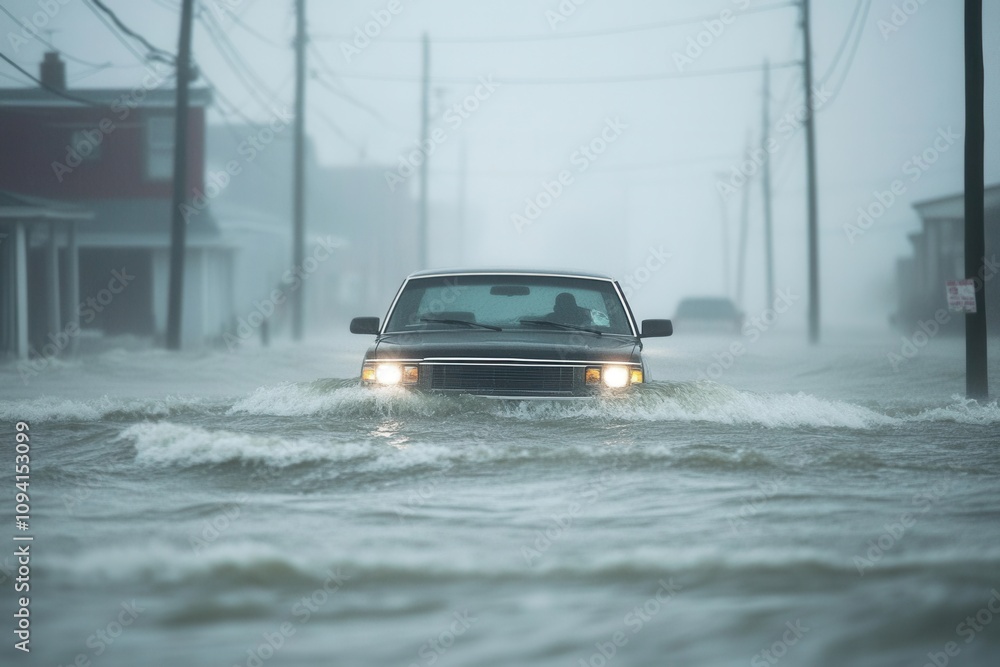 Car drives through flooded street during heavy storm. Car drives through flooded street during heavy storm.