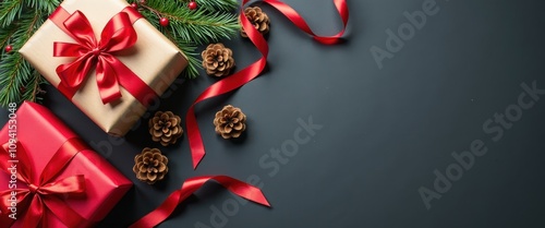 Christmas gift wrapping supplies including wrapping paper red ribbons and pinecones scattered on a dark background leaving room for a festive message.