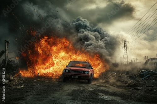 Car engulfed in flames amidst post-apocalyptic ruins.