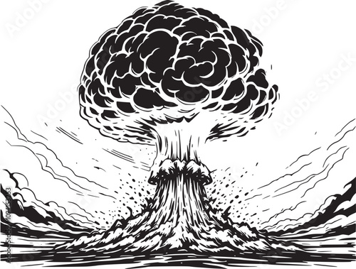 Dramatic black and white mushroom cloud vector silhouette 