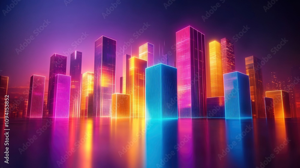 A vibrant, futuristic cityscape with glowing skyscrapers in various colors. A vibrant, futuristic cityscape with glowing skyscrapers in various colors.