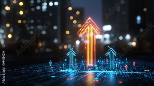 Beam Formed Upward Pointing Arrow in Radiant Luminous Hues on a Dark Background Symbolizing the Concept of Speed Technology and Progressive Innovation