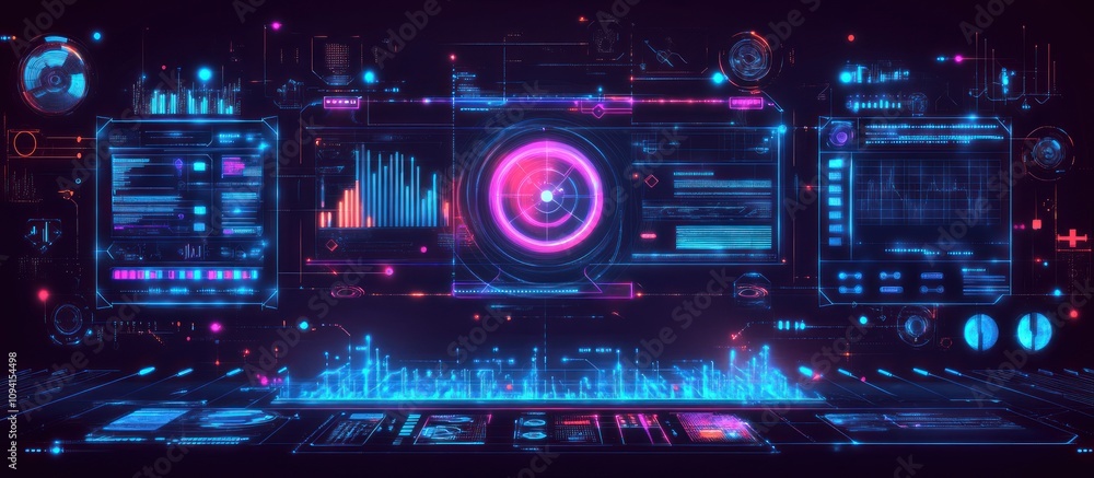 Futuristic digital interface with glowing screens displaying data and graphs. (1) Futuristic digital interface with glowing screens displaying data and graphs. (1)