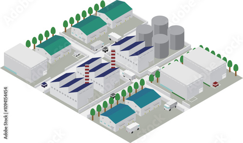 アイソメトリックな工場や倉庫のある街並み