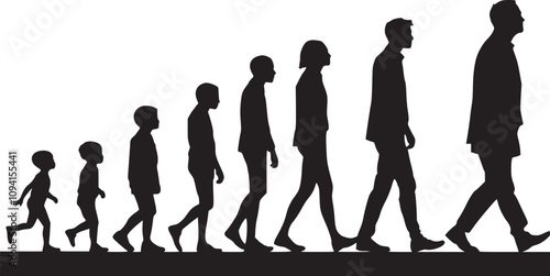 Black and white illustration of human life stages, growth progression