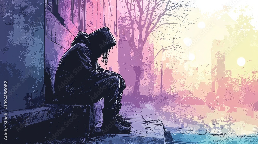 Obraz premium A Solitary Figure Contemplating Life Amidst Urban Ruins, Surrounded by a Dreamlike Landscape of Soft Colors and Ethereal Light