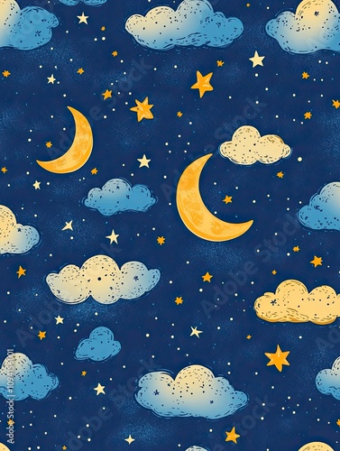 seamless patternblue sky background with stars, crescent moon and clouds. for children's bedroom wall decoration. photo