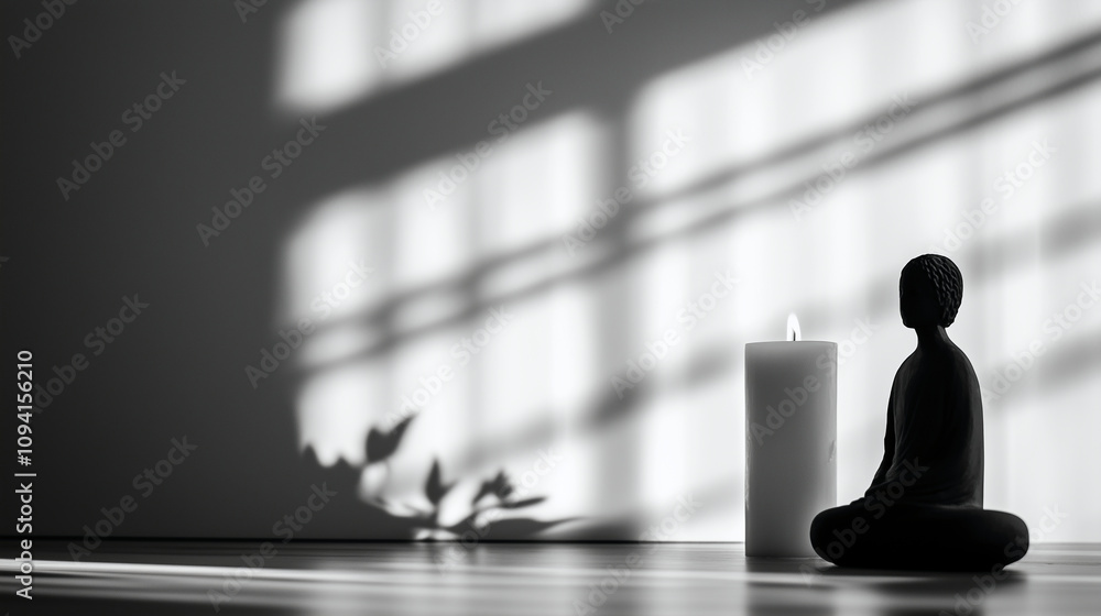 Black and white image of a solitary candle in front of a contemplative figure, the light casting dramatic shadows Black and white image of a solitary candle in front of a contemplative figure, the light casting dramatic shadows