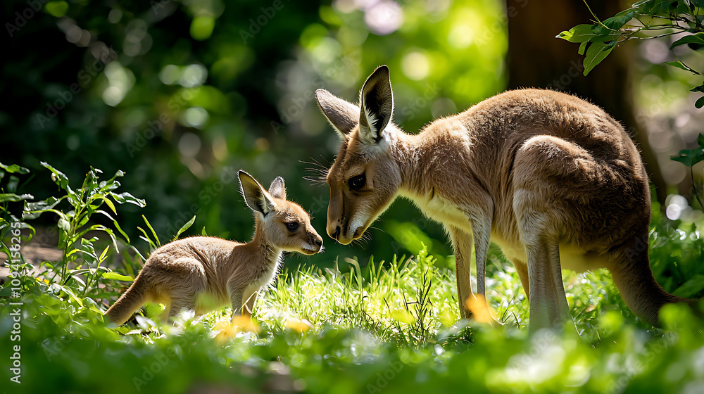 wildlife photo of kangaroo grazing with its joey in lush green environment, showcasing their bond and natural habitat wildlife photo of kangaroo grazing with its joey in lush green environment, showcasing their bond and natural habitat