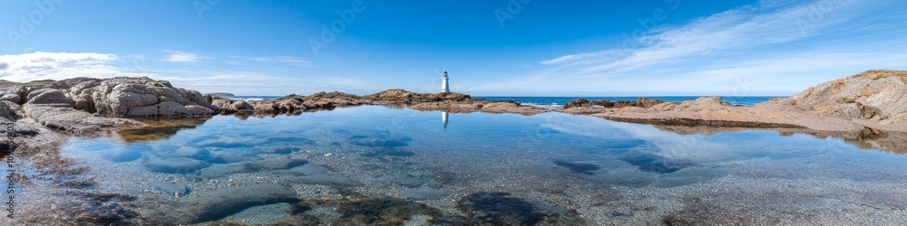 2409_027 A tranquil natural scene with clean space above, overlooking a serene setting featuring rocky shore, with an open space nestled amidst tidal pools, set against a lighthouse view backdrop, 2409_027 A tranquil natural scene with clean space above, overlooking a serene setting featuring rocky shore, with an open space nestled amidst tidal pools, set against a lighthouse view backdrop,