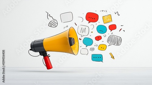 Energetic megaphone releasing a dynamic burst of bold and vibrant speech bubbles standing out vividly against a clean minimalistic background  This conceptual