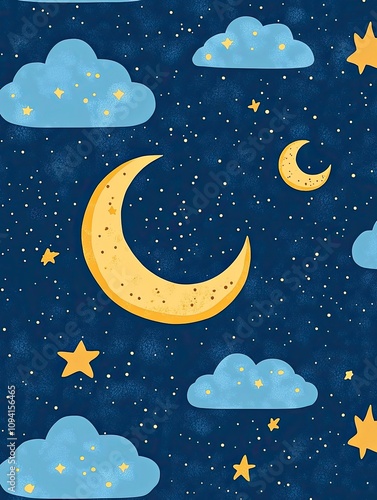 seamless patternblue sky background with stars, crescent moon and clouds. for children's bedroom wall decoration. photo