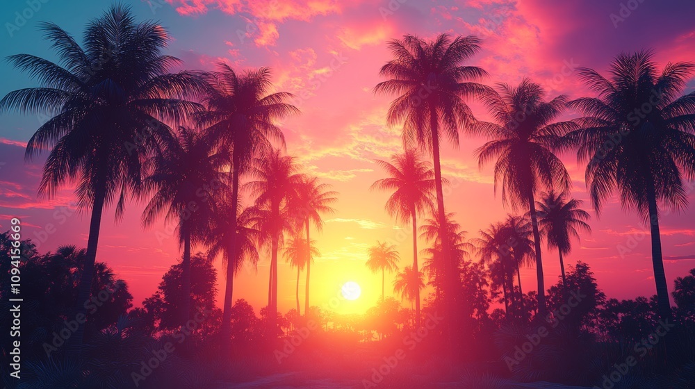 Tropical Sunset with Palm Tree Silhouettes Tropical Sunset with Palm Tree Silhouettes
