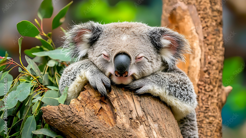 peaceful koala resting on tree branch, surrounded by green leaves, exuding tranquility and comfort peaceful koala resting on tree branch, surrounded by green leaves, exuding tranquility and comfort