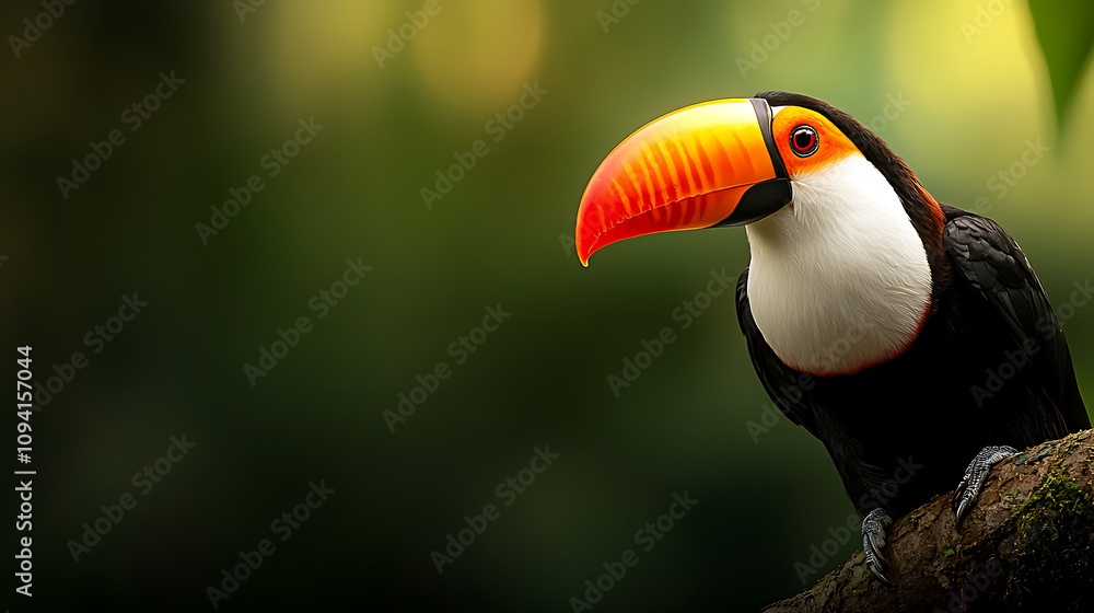 Fototapeta premium vibrant toucan perched on tree branch, showcasing its colorful beak and striking features in lush green background. This wildlife photo captures essence of nature beauty