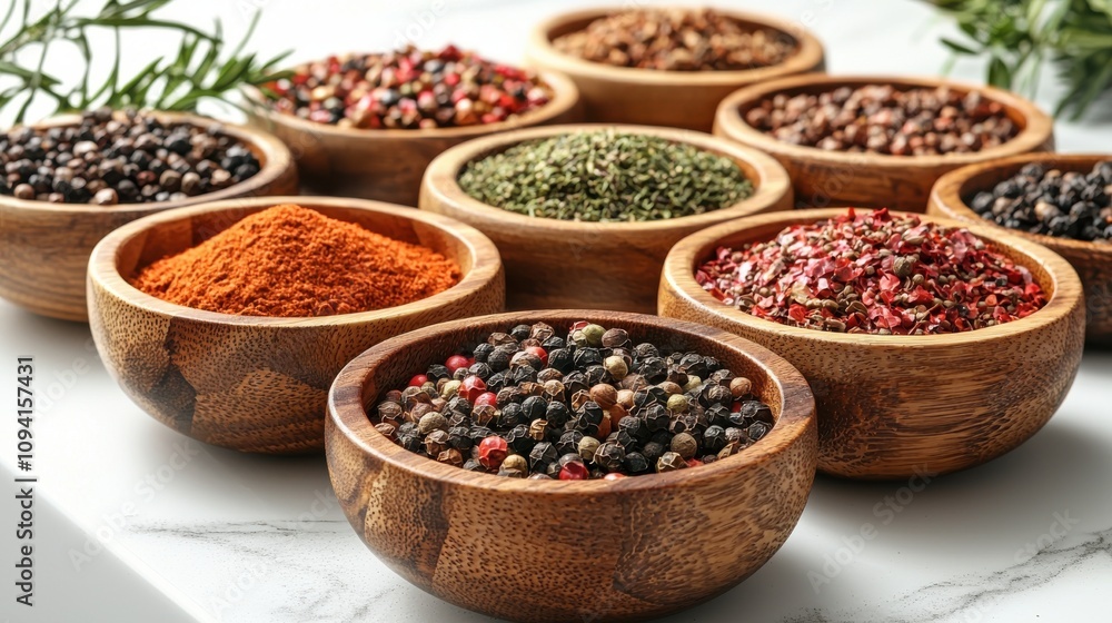 Assorted spices and herbs in wooden bowls on a marble countertop Assorted spices and herbs in wooden bowls on a marble countertop