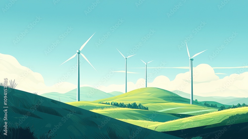 Serene Landscape with Wind Turbines Against Clear Blue Sky in a Green Hillside Setting, Showcasing Renewable Energy and Nature's Beauty Serene Landscape with Wind Turbines Against Clear Blue Sky in a Green Hillside Setting, Showcasing Renewable Energy and Nature's Beauty
