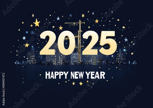 Happy New Year 2025 with Construction Crane and Building Icon