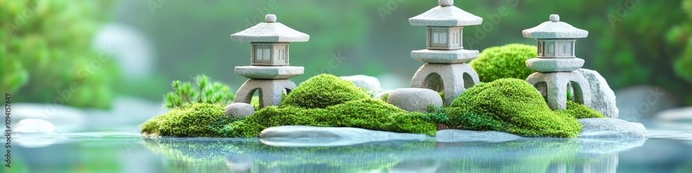 2409_052 A tranquil natural scene with clean space above, overlooking a serene setting featuring moss garden, with an open space nestled amidst stone lanterns, set against a tranquil pond backdrop, 2409_052 A tranquil natural scene with clean space above, overlooking a serene setting featuring moss garden, with an open space nestled amidst stone lanterns, set against a tranquil pond backdrop,