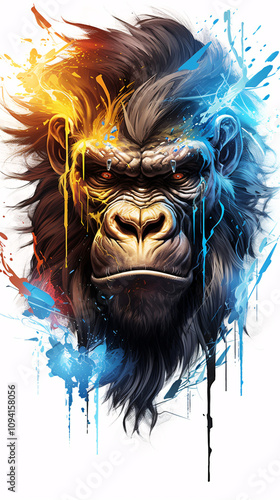 Gorilla with a lightning bolt tattoo, dark gold and multi-colored design, fierce, bold, and striking. photo