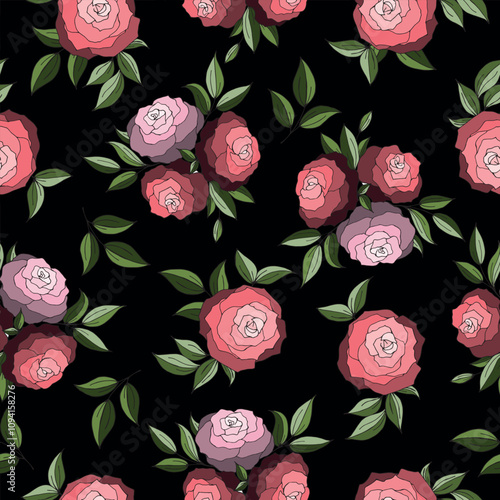 Seamless floral wallpaper pattern with pink roses, green leaves on black background.  Floral illustration for wallpaper, textile, fabric, wrapping, card, invitation, design element