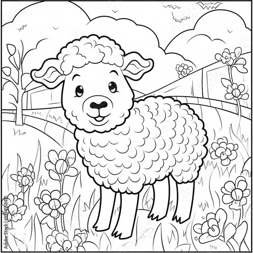 A happy little sheep illustration for a coloring book, featuring bold black-and-white outlines perfect for creative coloring.

 photo