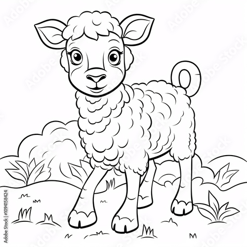 A happy little sheep illustration for a coloring book, featuring bold black-and-white outlines perfect for creative coloring.

 photo