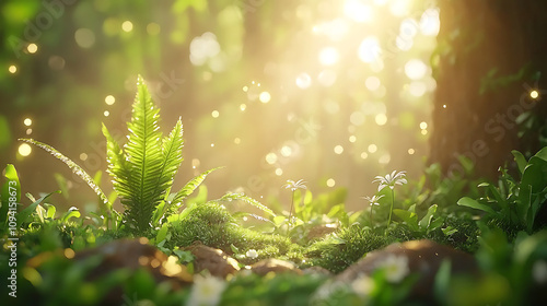 serene forest clearing with golden light filtering through trees, showcasing lush greenery and delicate plants. atmosphere is tranquil and inviting