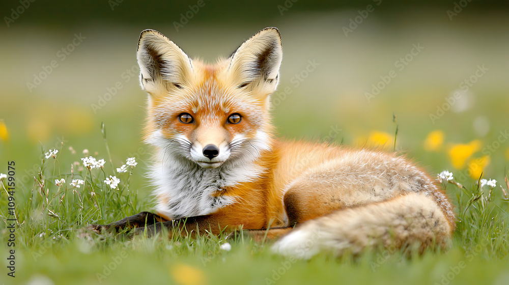 Naklejka premium wildlife photo of fox resting in grassy field surrounded by flowers, showcasing its vibrant orange fur and keen expression