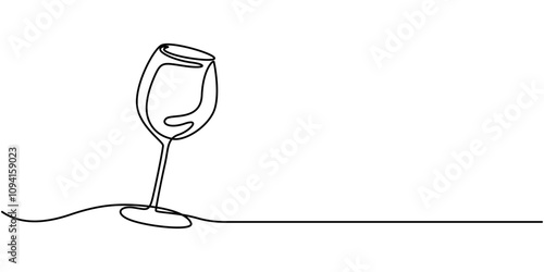 One line  Drawing or illustration of wine glass, Two clinking champagne glasses one line design. Creative sparkling wine glass, continuous lines vector banner. Design for party, anniversary.
