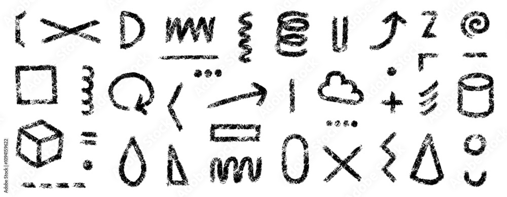 Hand drawn symbols that look like they were drawn with pastels or crayons. Vector illustration set of shapes and geometric patterns that look like they were drawn with charcoal pencils. Hand drawn symbols that look like they were drawn with pastels or crayons. Vector illustration set of shapes and geometric patterns that look like they were drawn with charcoal pencils.