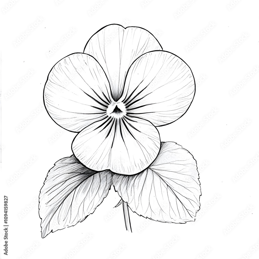 Black-and-white drawing of a violet flower with simple, clean lines and subtle petal details Black-and-white drawing of a violet flower with simple, clean lines and subtle petal details