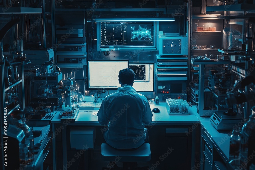A scientist working in a dimly lit lab, analyzing data on multiple computer screens. A scientist working in a dimly lit lab, analyzing data on multiple computer screens.