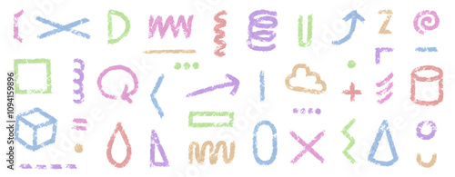 Hand drawn symbols that look like they were drawn with pastels or crayons. Vector illustration set of shapes and geometric patterns that look like they were drawn with charcoal pencils.
