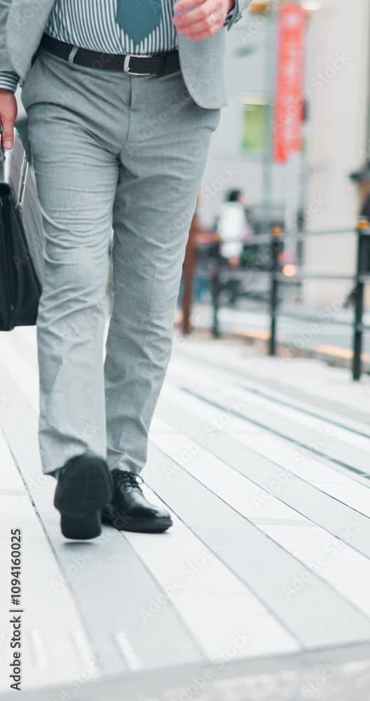 Legs, businessman or walking with briefcase on sidewalk for commute, business travel or work in city. Japan, man or feet of pedestrian in formal shoes with bag for career opportunity in an urban town Legs, businessman or walking with briefcase on sidewalk for commute, business travel or work in city. Japan, man or feet of pedestrian in formal shoes with bag for career opportunity in an urban town