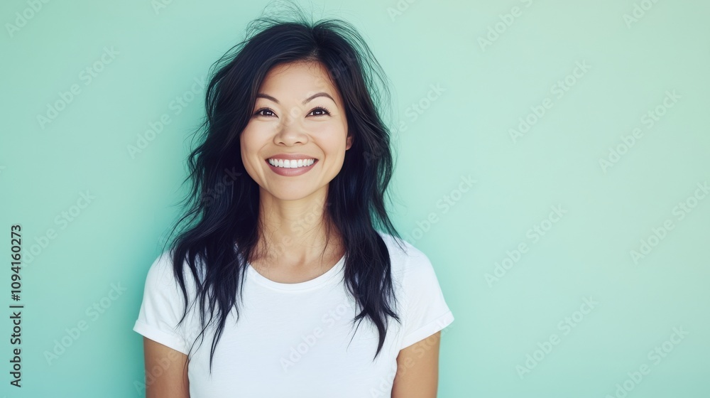 Happy Woman Smiling Against A Light Green Background Happy Woman Smiling Against A Light Green Background