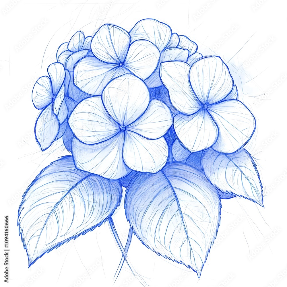 Fototapeta premium Detailed sketch of a hydrangea cluster, showcasing layered blossoms in precise symmetry