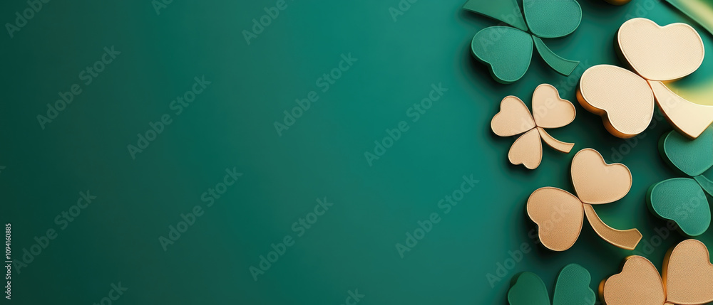 Emerald Glow, a vibrant blend of forest green and gold with abstract shamrock shapes illuminated by soft light beams, creating a mystical atmosphere. Emerald Glow, a vibrant blend of forest green and gold with abstract shamrock shapes illuminated by soft light beams, creating a mystical atmosphere.