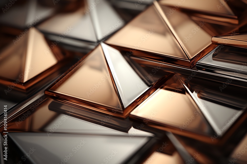 Abstract metallic pyramids in rose gold and silver, reflecting light. Abstract metallic pyramids in rose gold and silver, reflecting light.