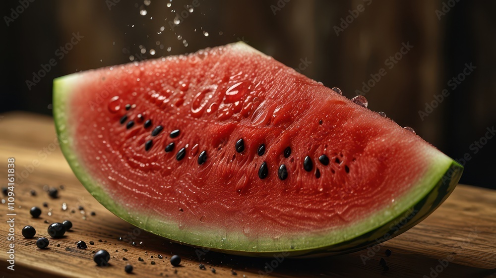 A perfectly sliced watermelon revealing its juicy red flesh and black seeds, resting on a wooden cutting board, with droplets of water adding a refreshing look --ar 3:2 --v 4 A perfectly sliced watermelon revealing its juicy red flesh and black seeds, resting on a wooden cutting board, with droplets of water adding a refreshing look --ar 3:2 --v 4