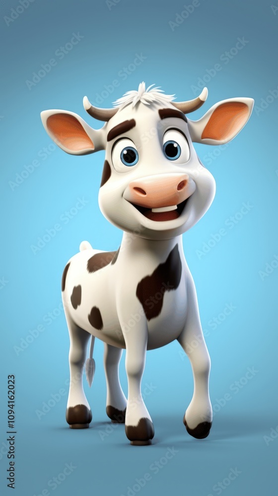 Happy Cartoon Cow Character on Blue Background Happy Cartoon Cow Character on Blue Background